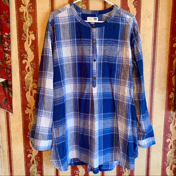 Old Navy Tops - Old Navy Women’s Blue Plaid Half Button Tunic XXL